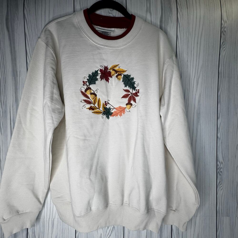 Vintage 90s Country Store Autumn Thanksgiving Wreath Pullover Grandma Cottage M